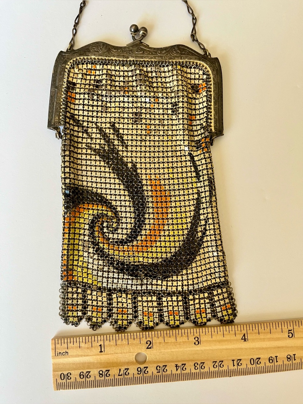 Art Nouveau enamel metal mesh evening bag with swirl design. - Picture 8 of 9